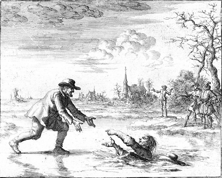 Dirk Willems saves his pursuer. This act of mercy led to his recapture, after which he was burned at the stake. Luyken, Jan (1685), Dirk Willems (picture).