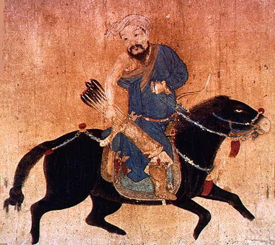 Drawing of a mobile Mongol soldier with bow and arrow wearing deel. The right arm is semi-naked because of the hot weather.