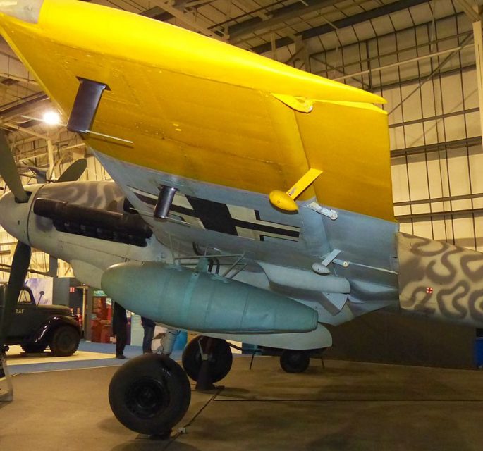 External mass balancing of the ailerons of a Messerschmitt Bf110 long range fighter aircraft.RAF Museum Hendon.Photo Badobadop CC BY-SA 3.0