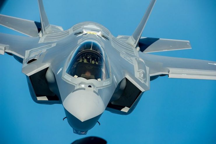 F-35A front profile in flight. The doors are opened to expose the aerial refueling inlet valve.