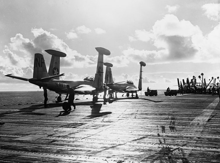 Flight Deck of the USS Hornet CV-12 with F2H Banshees.