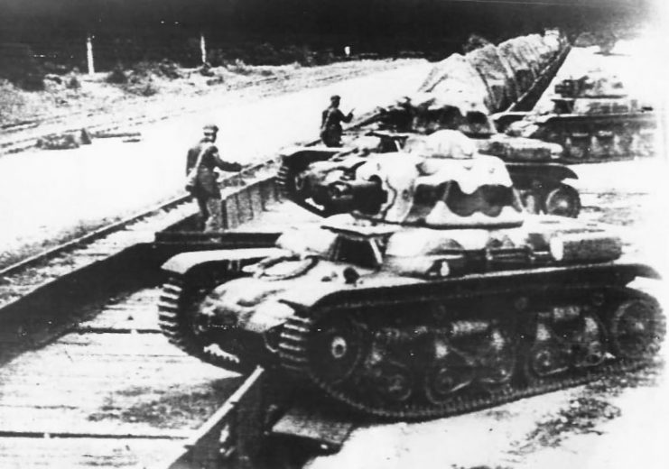 French Renault R35 tanks loaded on a train for transport to the front 1939