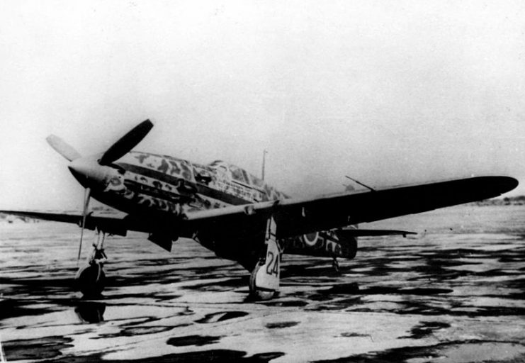 Front veiw of an Imperial Japanese Army Air Force Kawasaki Ki-61 Hien (Allied code name “Tony”) with a camouflage paint scheme at an unidentified airfield.