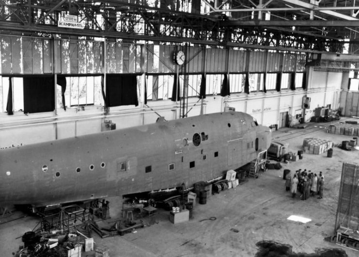 Fuselage of the captured flying boat BV222 in Hamburg, 1945