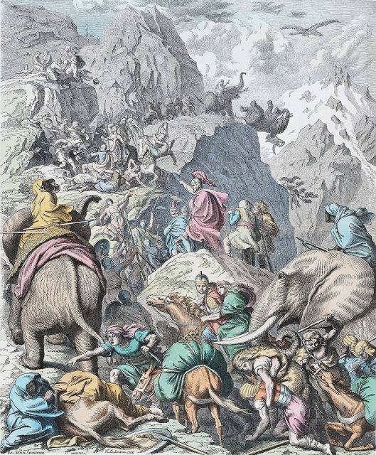 Hannibal and his men crossing the Alps.