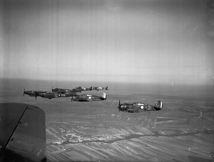 Fairey Battles of No. 88 Squadron RAF based at Mourmelon-le-Grand, fly in formation with Curtiss Hawk 75s of 1e escadrille GC 1/2 of the French Air Force.