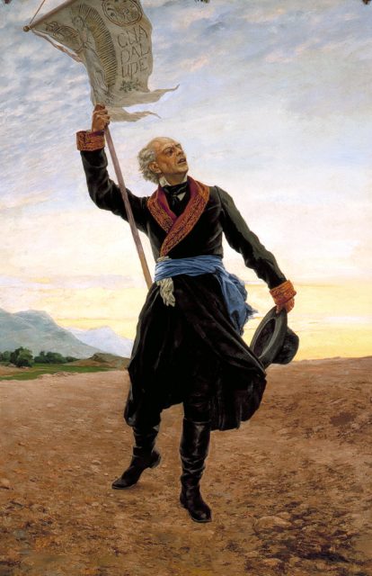 Hidalgo, as the father of Mexico, carying his banner with the image of the Our Lady of Guadalupe (painting by Antonio Fabrés)