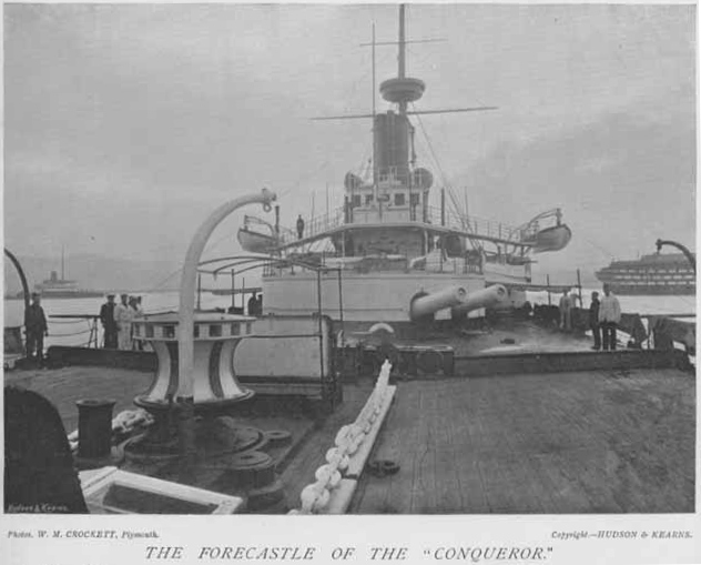 HMS Conqueror’s forecastle and 12-inch (305-mm) guns.