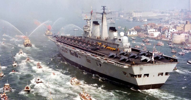 HMS Invincible returns to massive celebrations following the Falklands Conflict.