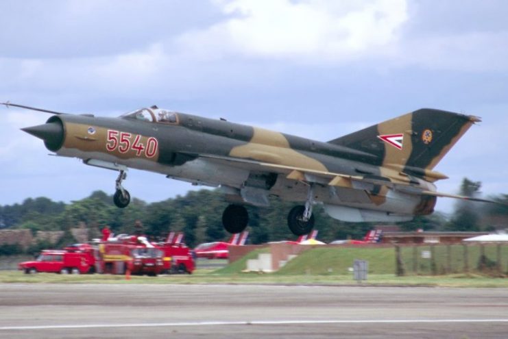 Hungarian Air Force MiG-21bis on takeoff.Photo Anthony Noble