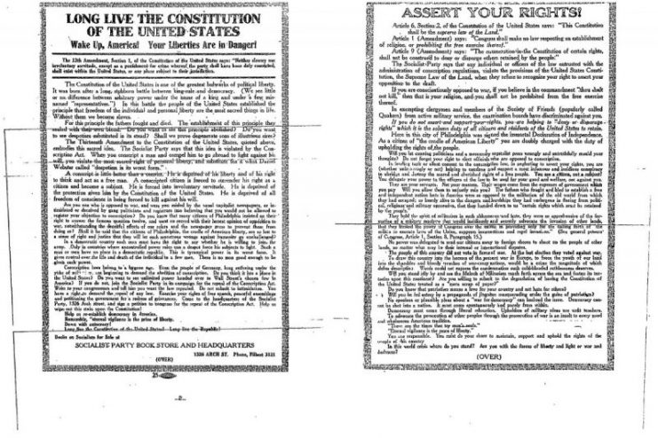 The obverse (left) and the reverse (right) of the leaflet at issue in Schenck v. United States.