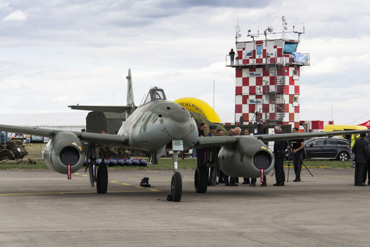 Messerschmitt Me-262 Schwalbe standing on runway at Czech international air festival on September 5, 2015 in Hradec Kralove, Czech republic.