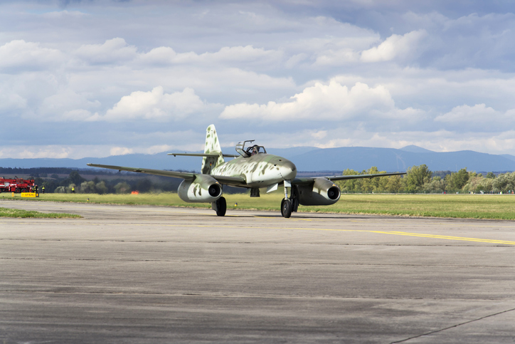 Hradec Kralove, Czech republic – September 5, 2015: Messerschmitt Me-262 Schwalbe rolling on runway at Czech international air festival on September 5, 2015 in Hradec Kralove, Czech republic.