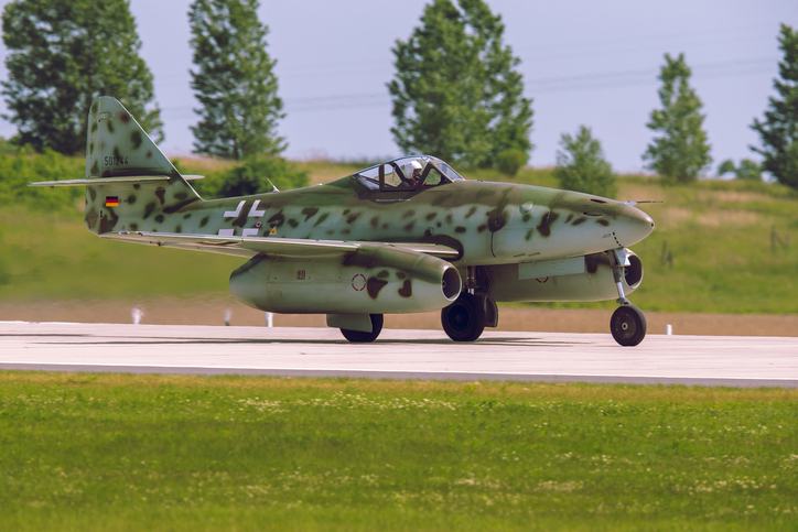 Berlin, Germany – May 21, 2014: Messerschmitt Me 262 perfoming demonstration flight in Schoenefeld (SXF) during ILA Berlin Air Show 2014