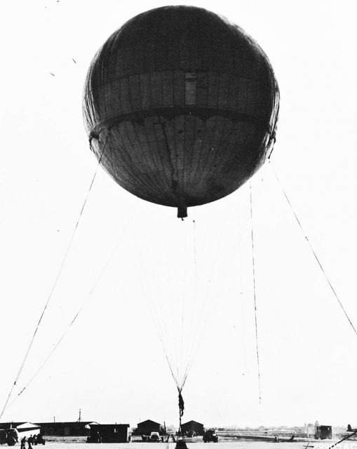 Japanese balloon, Fu-Go. Completed Japanese balloon is inflated for laboratory tests at a California base. It was recovered at Alturas, California, January 10, 1945. Ineffective as it is, however, the Japanese balloon is an ingenious device.