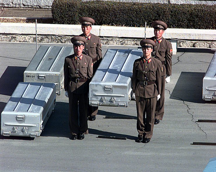 Korean People’s Army Soldiers prepare to repatriate U.S. remains during a repatriation ceremony
