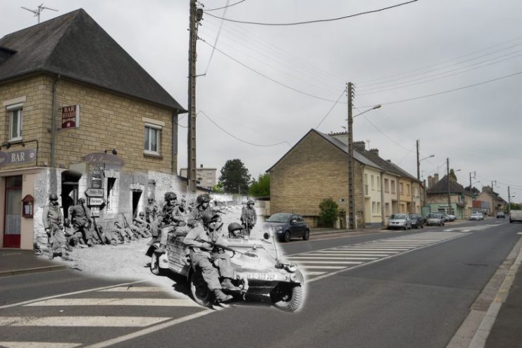 Kubelwagen in Carentan, 1944:2017. American paratroopers cross Carentan aboard a Kübelwagen captured by the German paratroopers. Photo Falcon_33 CC BY-SA 2.0