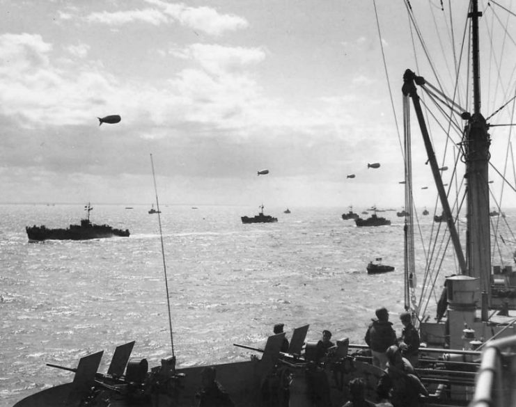LCI Convoy and barrage balloons en route to the D-Day Invasion