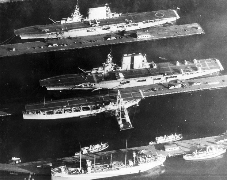 Lexington (top) at Puget Sound Navy Yard, alongside Saratoga and Langley in 1929