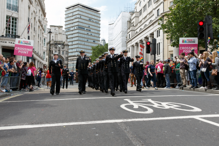 LGBT members of the British Navy marching in formation at Pride in London 2016. By Katy Blackwood CC BY-SA 4.0