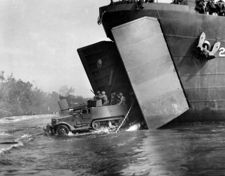 M3 GMC Halftrack Rolls out of LST onto Cape Gloucester 1943