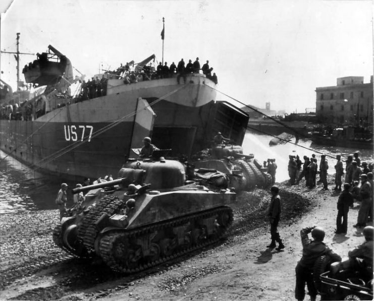 M4 Sherman driving off LST-77 at Anzio, Italy May 1944