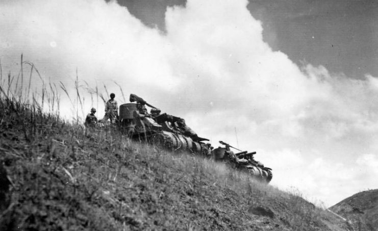 M7 Priests of the 40th Infantry Division on Hill 1700 1-2 Philippines