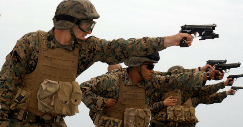U.S. Marines train with the older M9. It was replaced with the M17 Sig.