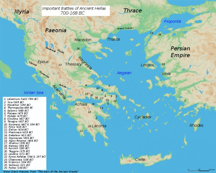 Map of Important Battles in Ancient Greece, from 700 to 168 BC.Photo MaryroseB54 CC BY-SA 4.0