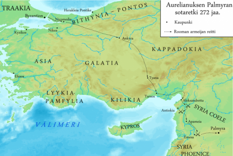 Map of the Roman Emperor Aurelian’s march to Palmyra AD 272.