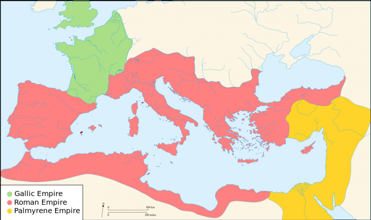 Map of the Roman Empire around the year of the consulship of Aurelianus and Bassus (271 AD), with the break away Gallic Empire in the West and the Palmyrene Empire in the East.Photo: Historicair CC BY-SA 3.0