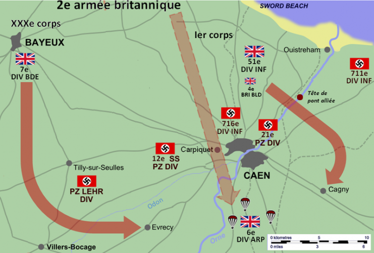 Map presenting the original plan for the “Wild Oats” operation on June 9th 1944, for which the goal was to encircle the city of Caen.Photo MattMoissa CC BY-SA 3.0