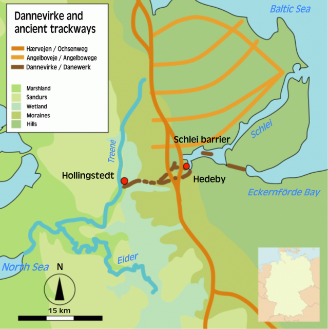 Map showing Danevirke Danewerk and the Hærvejen Ochsenweg.Photo Begw CC BY 2.5