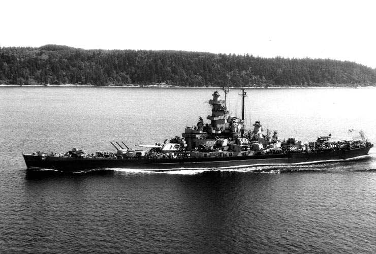 Massachusetts cruising at 15 knots off Point Wilson, Washington on 11 July 1944