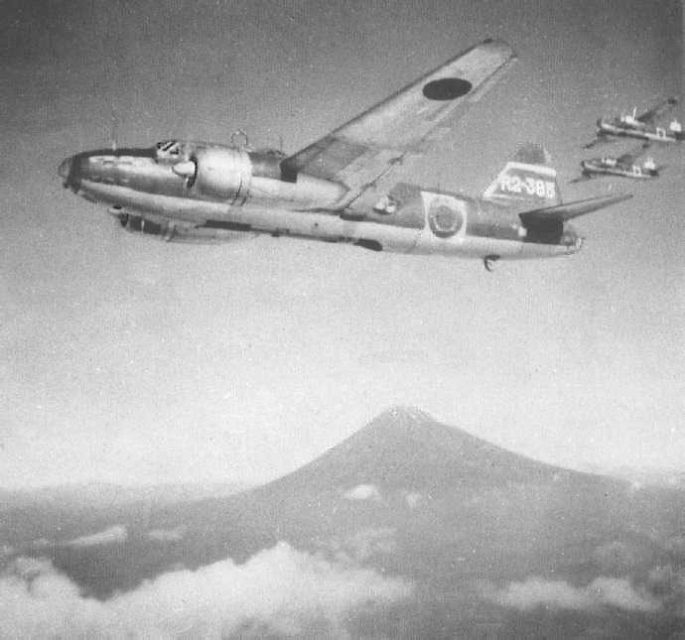 Mid- or late-production G4M1 Model 11s with the propeller spinners and rubber ply beneath the wing fuel tanks.