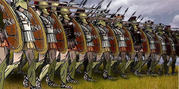 Modern reconstruction of a Greek phalanx advancing in close ranks.