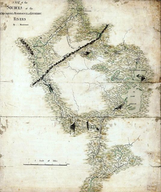 A map prepared by British military engineer John Montresor, c.a 1760, showing the headwaters of the Penobscot River, Kennebec River, which empty into the Gulf of Maine, and the Chaudière River, which empties into the Saint Lawrence River. Benedict Arnold used this map as a guide for his expedition to Quebec in 1775.