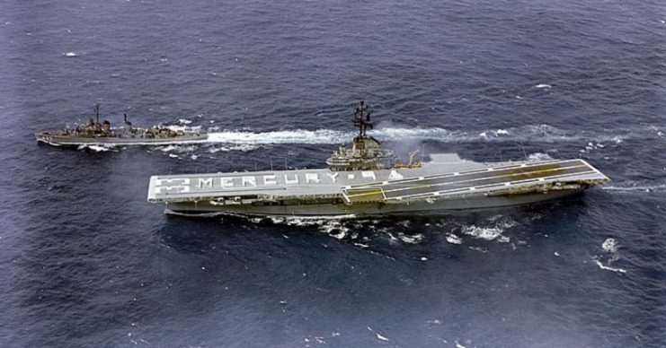 USS Kearsarge (CVS-33) crew spells out ‘Mercury 9’ on the flight deck on 15 May 1963