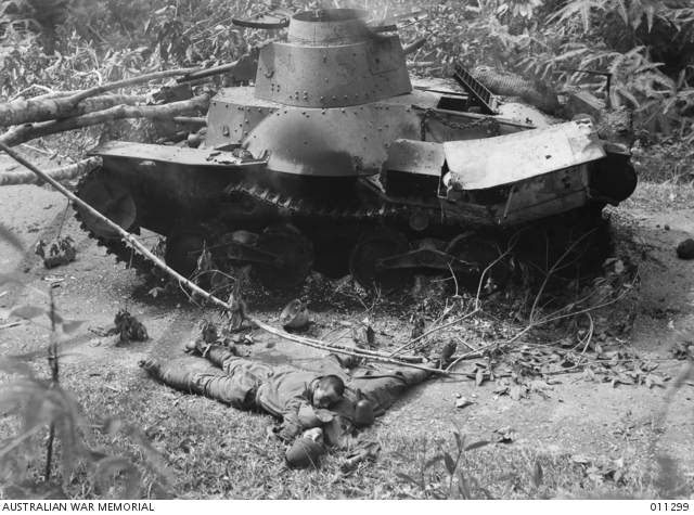 One of six “Ha-Go” tanks destroyed by an Australian OQF 2-pounder anti-tank gun in the Battle of Muar. The escaping tank crew were killed by Allied infantry.
