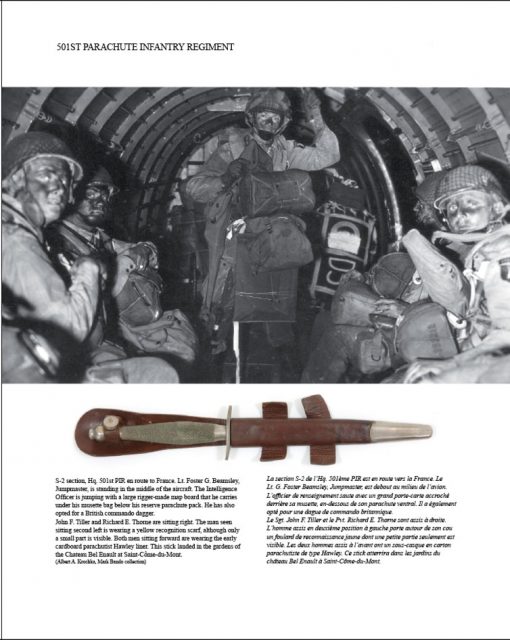 Page 1: On this page layout reproduce with authorization from the book ‘CARENTAN’, the S-2 section, Hq. 501st PIR is en route to Normandy. Lt. Foster G. Beamsley has a British commando dagger strapped to his leg. This stick landed in the gardens of the Château Bel Enault.