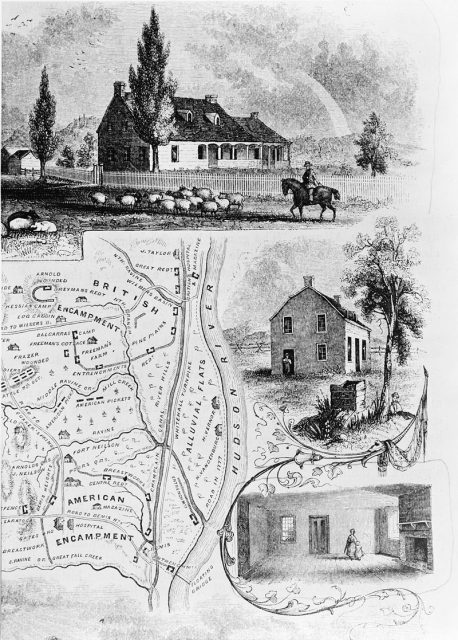 Plan of battlefield of Saratoga, and views of John Neilson’s house (which served as headquarters for Enoch Poor and Benedict Arnold) from south, east and inside