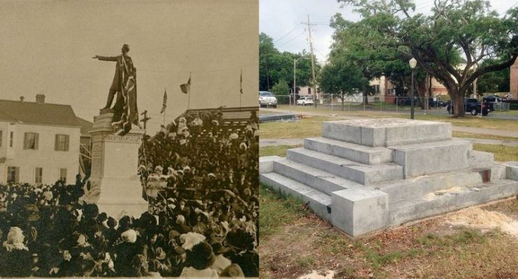 Jefferson Davis Monument in New Orleans, Louisiana; left: the monument being unveiled February 22, 1911; right: after removal of statue and pedestal May 11, 2017.Photo Bart Everson CC BY-SA 4.0