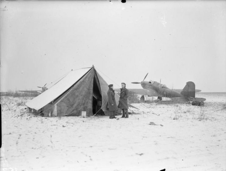 Royal Air Force- France, 1939-1940 A crew tent and Fairey Battles of No. 12 Squadron RAF on a snow covered airfield at Amifontaine