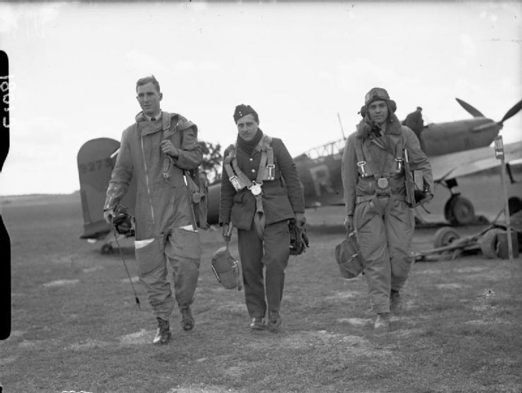 Royal Air Force- France, 1939-1940. The crew of Fairey Battle, K9273 ‘HA-R’, of No. 218 Squadron RAF, walk from their aircraft at Auberive-sur-Suippes on returning from a sortie.