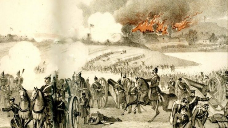 Battle of Missunde (Danish: Mysunde) in 1864, part of the German-Danish War. Contemporary illustration, as seen from the Prussian lines. The burning village of Missunde is seen in the background, the bastions with the Danish defenders are covered in mist on the left side.