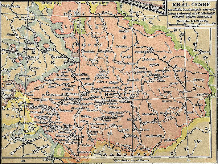 The Lands of the Bohemian Crown during the Hussite Wars. The movement began in Prague and quickly spread south and then through the rest of the Kingdom of Bohemia. Eventually, it expanded into the remaining domains of the Bohemian Crown as well.