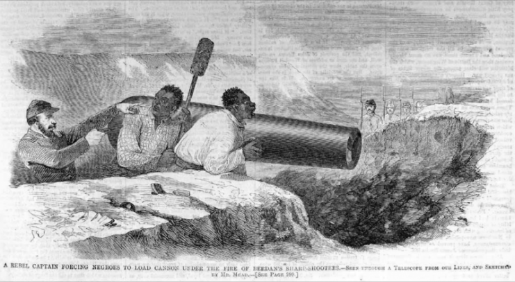 An 1862 illustration of a Confederate officer forcing slaves to fire a cannon at U.S. forces at gunpoint. According to John Parker, a former slave, he was forced by his Confederate captors to fire a cannon at U.S. soldiers at the Battle of Bull Run.