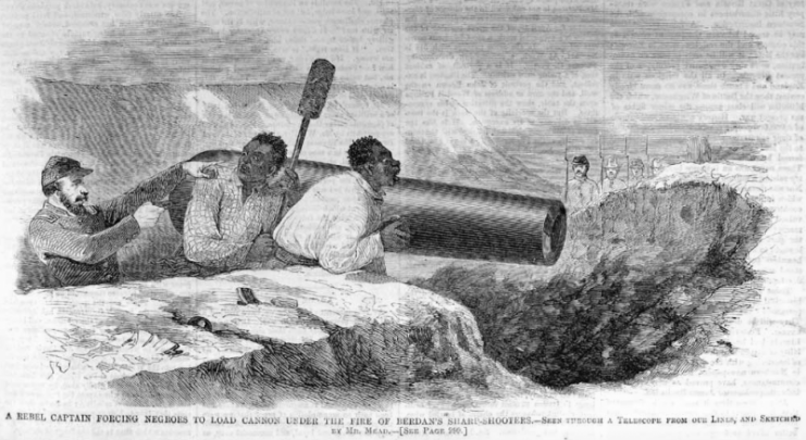 An 1862 illustration of a Confederate officer forcing slaves to fire a cannon at U.S. forces at gunpoint. According to John Parker, a former slave, he was forced by his Confederate captors to fire a cannon at U.S. soldiers at the Battle of Bull Run.