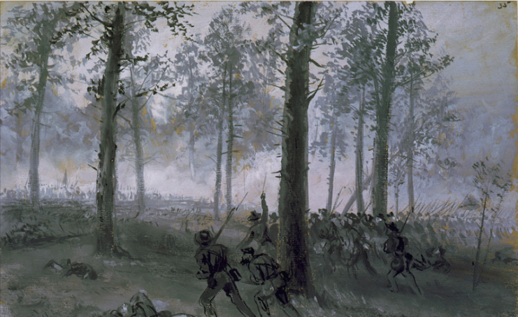Battle of Chickamauga, Confederate line advancing up hill through forest toward Union line by Alfred Waud.