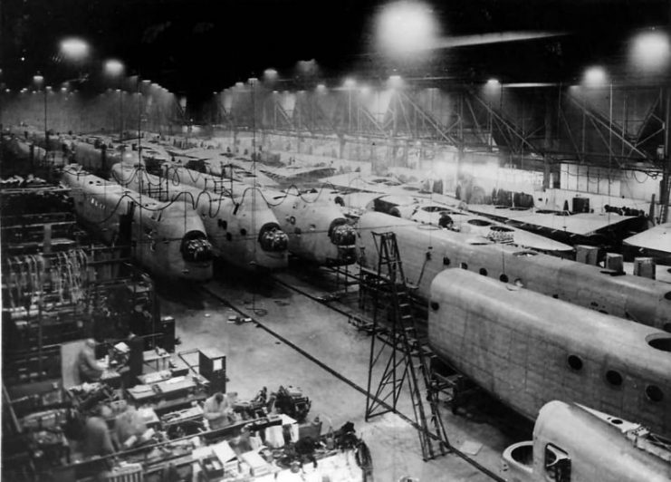 Short Stirling bombers on a production line at a factory in England 1942